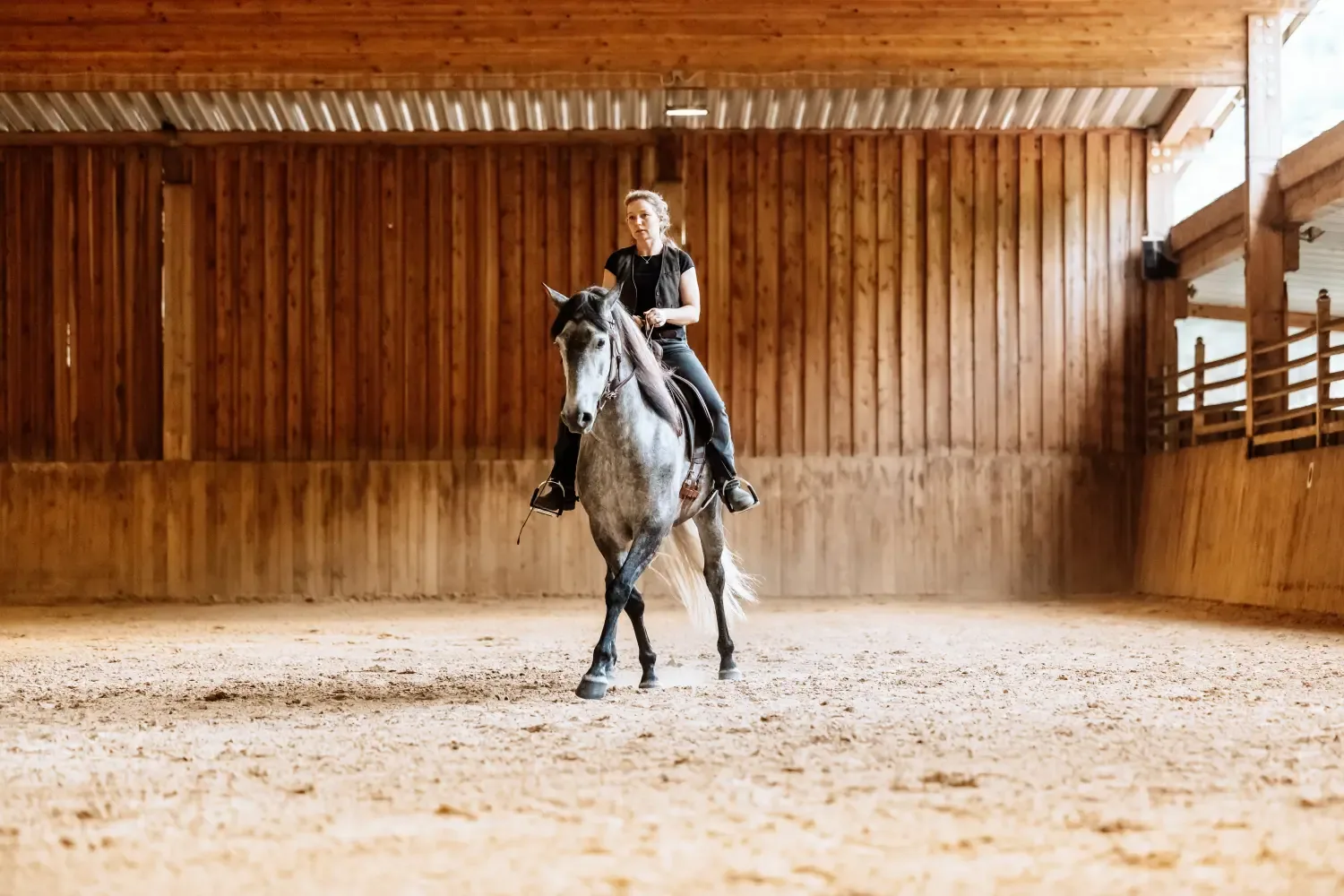 Franziska Bode reitet die PRE-Stute Belleza SMI in der Reithalle